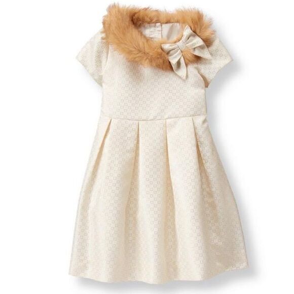 Janie and Jack SHIMMER JACQUARD DRESS Faux Fur Collar Sz 2T - Picture 1 of 15